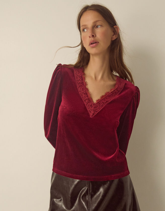 Lexi Lace Trim Velvet Top, Red (BURGUNDY), large