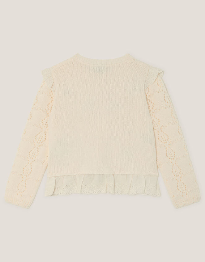 Embroidered Frill Pointelle Cardigan, Ivory (IVORY), large