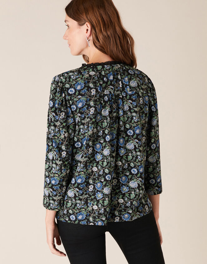 Floral Print Top with Organic Cotton, Black (BLACK), large