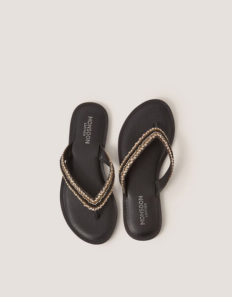 Harper Beaded Leather Flip Flops, Black (BLACK), large