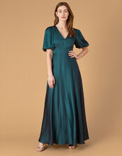 Kristen Puff Sleeve Satin Dress, Teal (TEAL), large