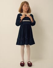 Pearl Smocked Velvet Dress, Blue (NAVY), large