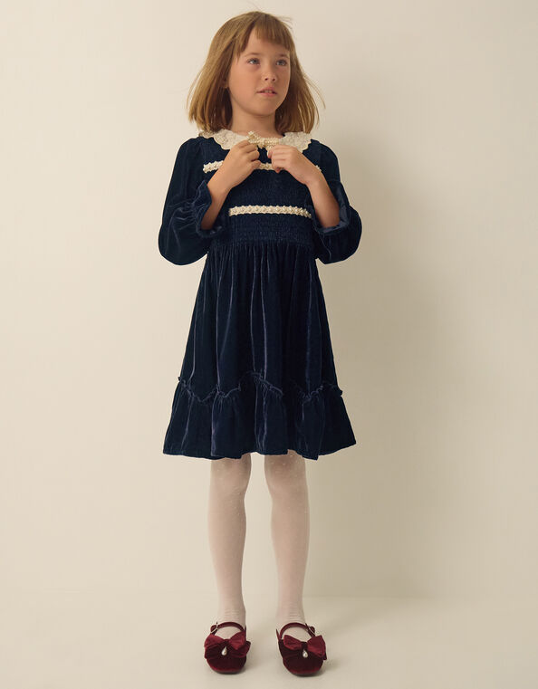 Pearl Smocked Velvet Dress, Blue (NAVY), large