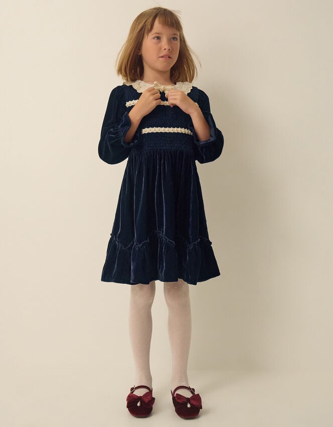 Pearl Smocked Velvet Dress, Blue (NAVY), large