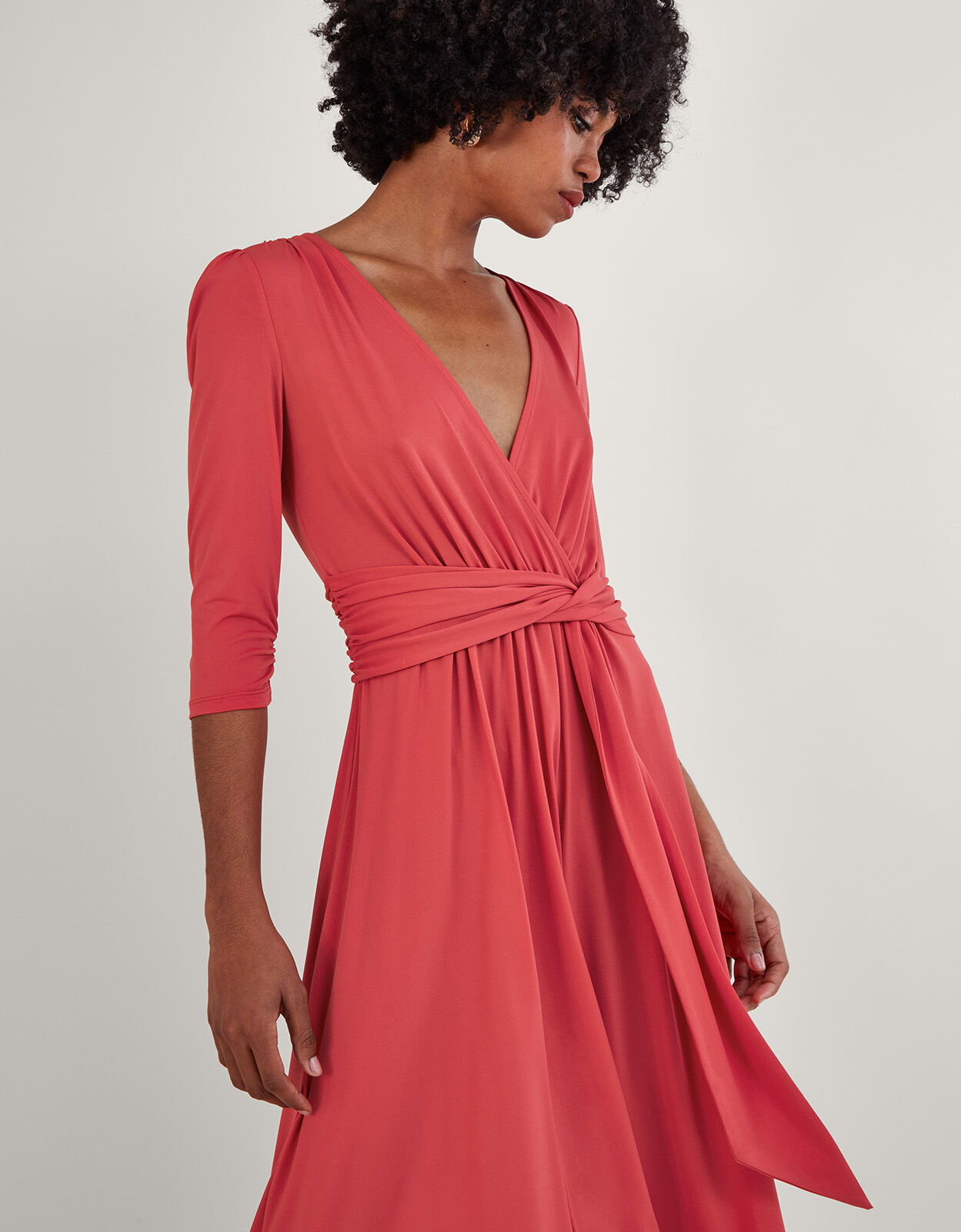Jersey Wrap Front V Neck Dress with Recycled Polyester Pink