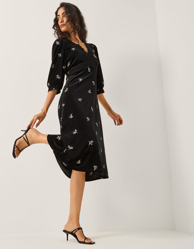 Erin Floral Lace Velvet Midi Dress, Black (BLACK), large