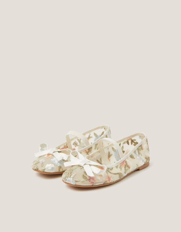 Floral Embroidered Mesh Ballet Flats, Ivory (IVORY), large