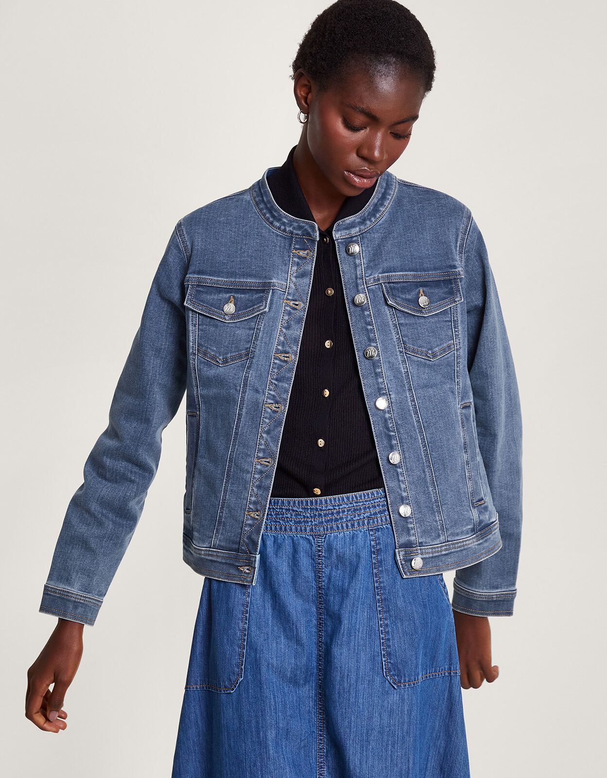 Cassey Collarless Denim Jacket with Sustainable Cotton Blue
