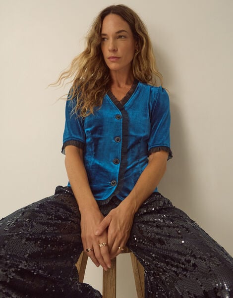 Vanessa V-Neck Velvet Top, Teal (TEAL), large