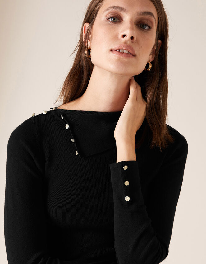 Split Neck Knit Jumper with Buttons, Black (BLACK), large