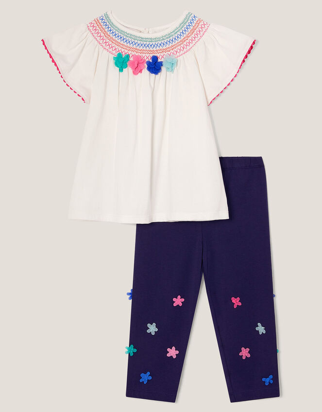 3D Flower Embroidered Top and Leggings Set, Ivory (IVORY), large