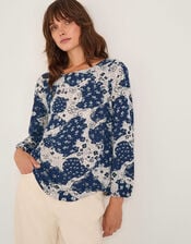 Alison Abstract Floral Jersey Top, Blue (NAVY), large