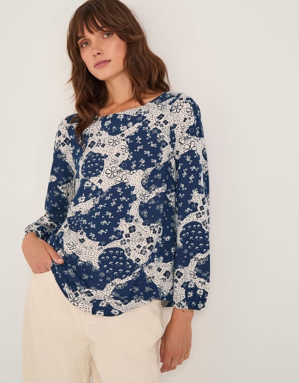 Alison Abstract Floral Jersey Top, Blue (NAVY), large