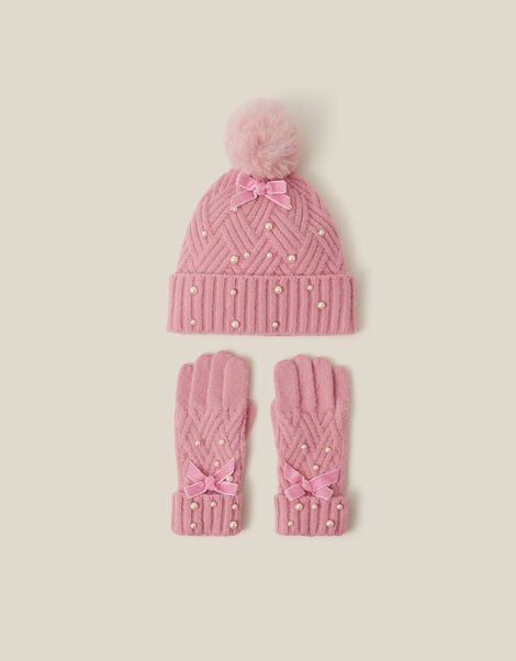 Pearl Cable Knit Bobble Hat & Gloves Set, Pink (PINK), large