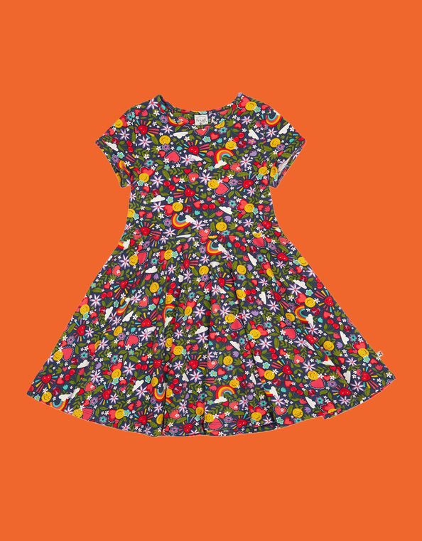 Frugi Spring Printed Skater Dress, Blue (NAVY), large