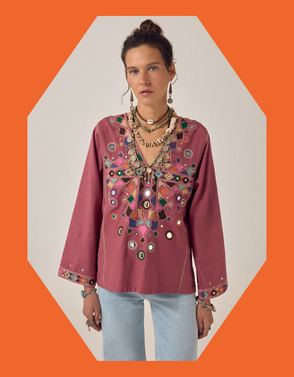Maison Hotel Asha Mirror Embroidered Top, Pink (PINK), large