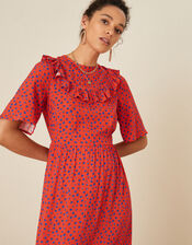 Rhian Frill Bib Printed Dress, Red (RED), large