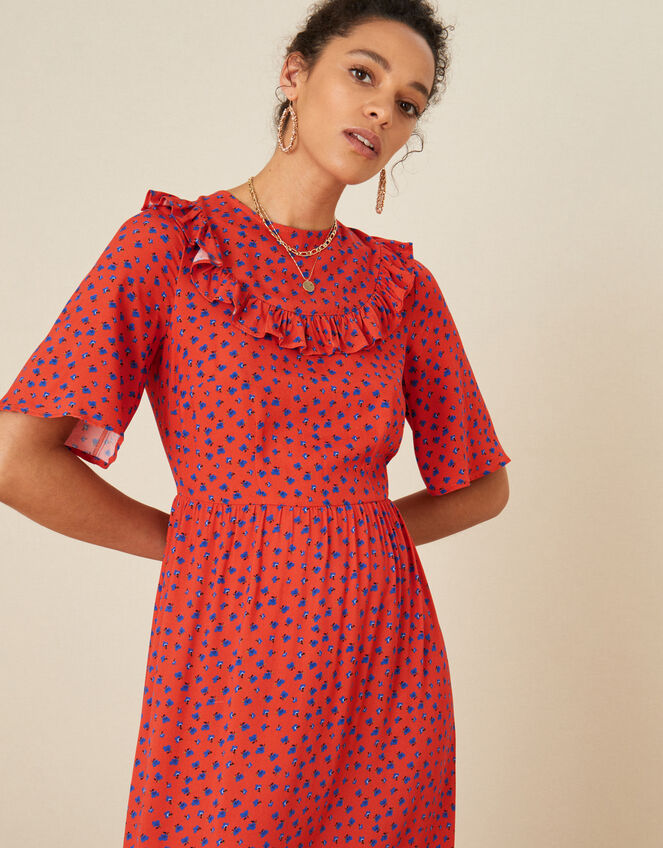 Rhian Frill Bib Printed Dress, Red (RED), large