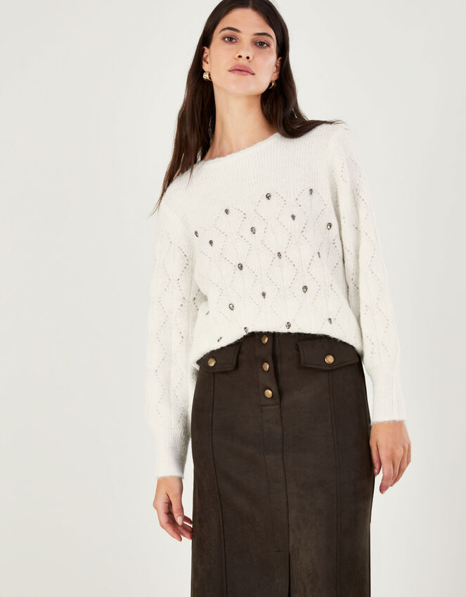 Gem Encrusted Sweater with Recycled Polyester, Ivory (IVORY), large