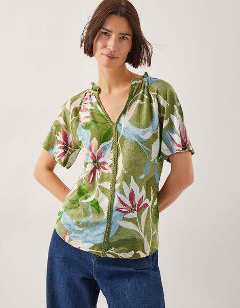 Piper Floral Linen-Blend Top, Green (KHAKI), large