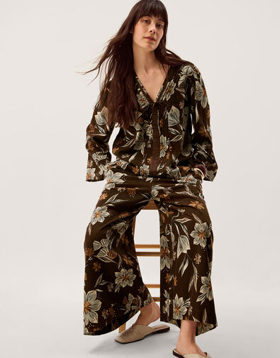 Esther Floral Linen Blend Wide Leg Pants, Brown (CHOCOLATE), large