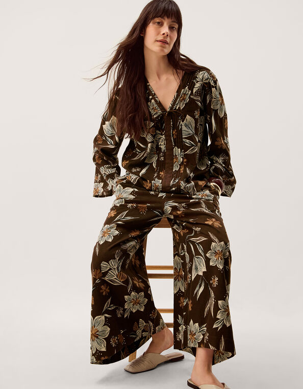 Esther Floral Linen Blend Wide Leg Trousers, Brown (CHOCOLATE), large