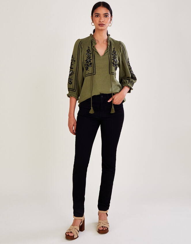 Embellished Double Faced Smock Top, Green (KHAKI), large