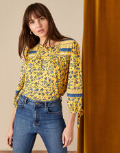 Floral Print Patch Jersey Top, Yellow (OCHRE), large