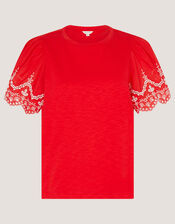 Bree Broderie Sleeve Jersey T-Shirt, Red (RED), large