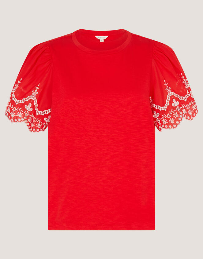 Bree Broderie Sleeve Jersey T-Shirt, Red (RED), large