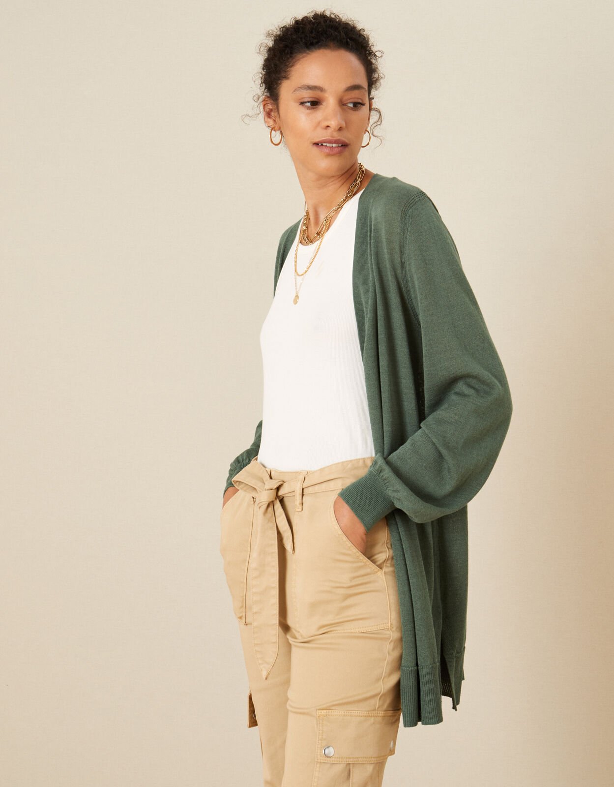 Longline Cardigan in Linen Blend Green