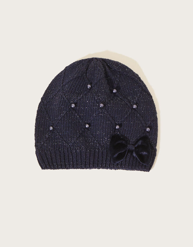 Bow Pearly Knit Beanie Hat with Recycled Polyester, Blue (NAVY), large