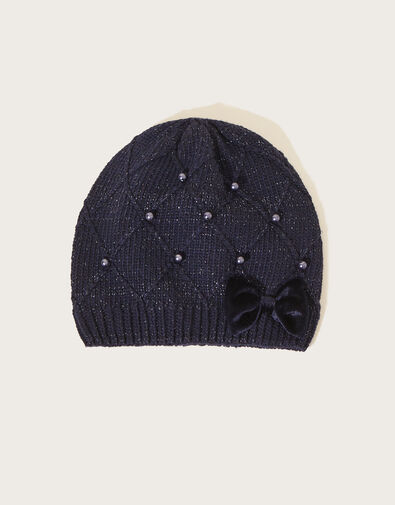 Bow Pearly Knit Beanie Hat with Recycled Polyester Blue, Blue (NAVY), large
