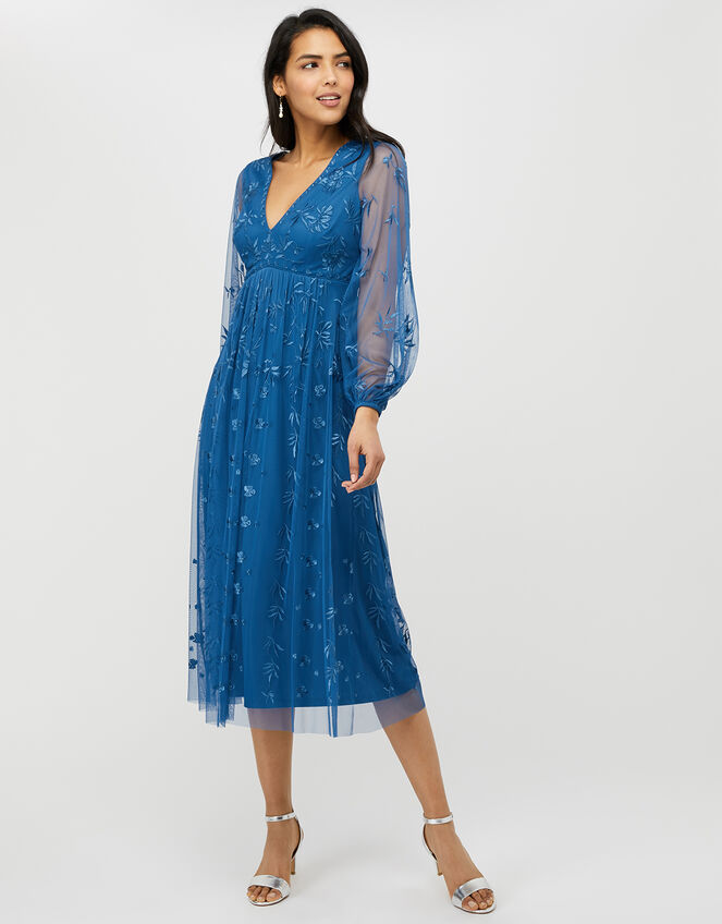 Lucinda Sustainable Embroidered Midi Dress, Blue (BLUE), large
