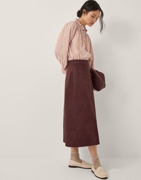 Rowan Suedette A-Line Midi Skirt, Brown (CHOCOLATE), large