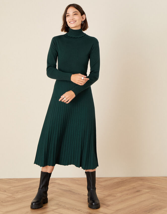 Scallop Roll Neck Dress, Green (DARK GREEN), large