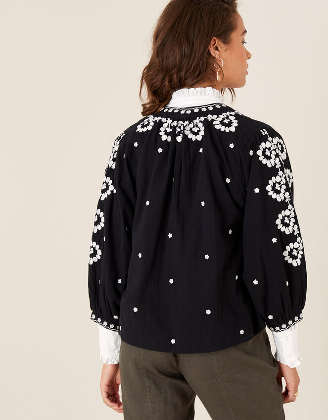 Floral Embroidered Jacket in Organic Cotton, Black (BLACK), large