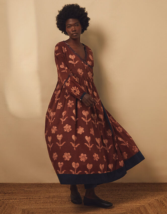 East Zena Hand-Batik Midi Wrap Dress, Brown (BROWN), large