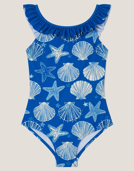 Starfish & Shell Print Frill Swimsuit, Blue (NAVY), large