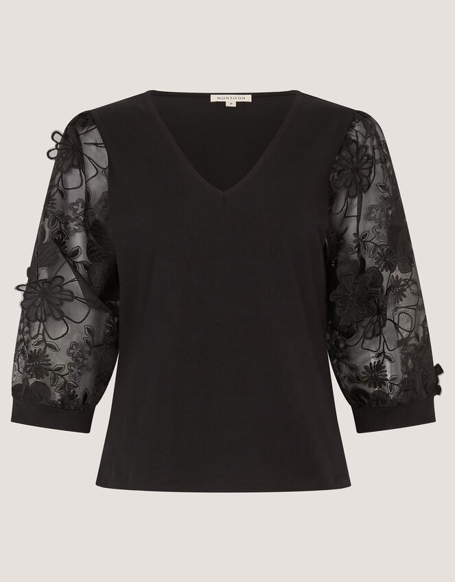 Fi Floral Appliqu&eacute; Jersey Top, Black (BLACK), large