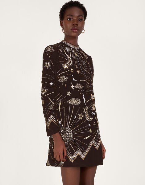Tina Embroidered Velvet Tunic Dress, Black (BLACK), large