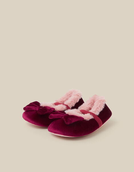 Bow Faux Fur Velvet Slippers, Red (BURGUNDY), large