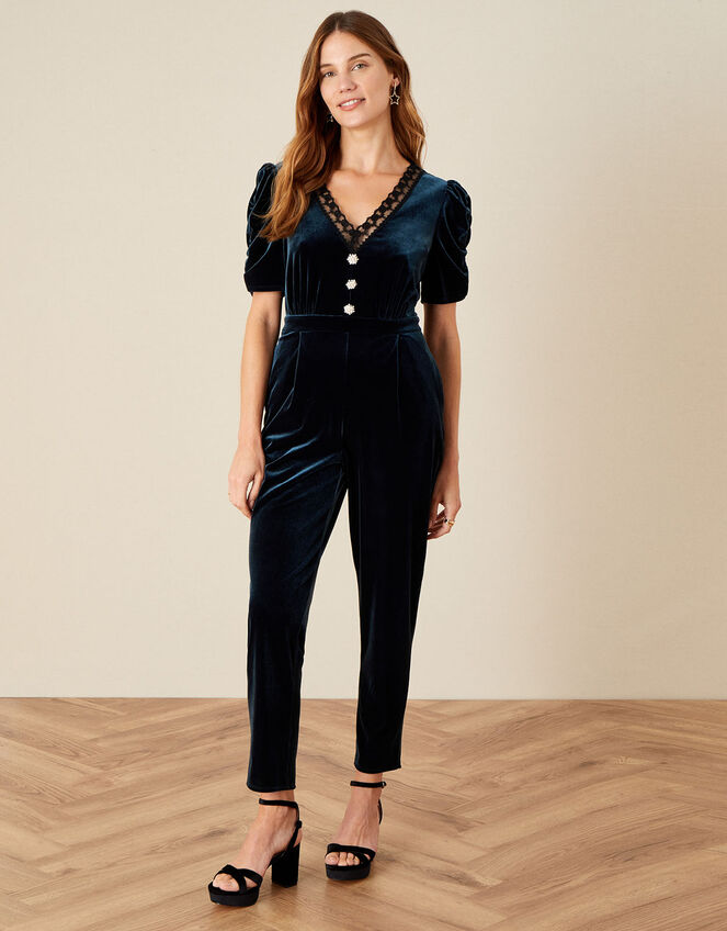 Piper Velvet Lace Trim Jumpsuit , Teal (TEAL), large