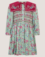 Floral Print Velvet Collar Dress, Green (GREEN), large