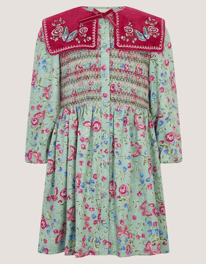 Floral Print Velvet Collar Dress, Green (GREEN), large