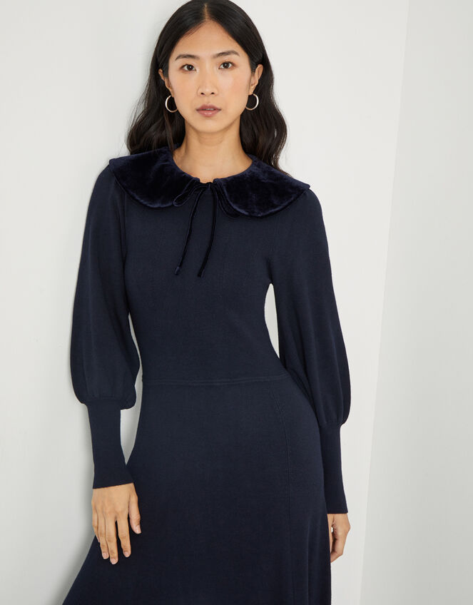 Velvet Tie Collar Long Sleeve Dress, Blue (NAVY), large