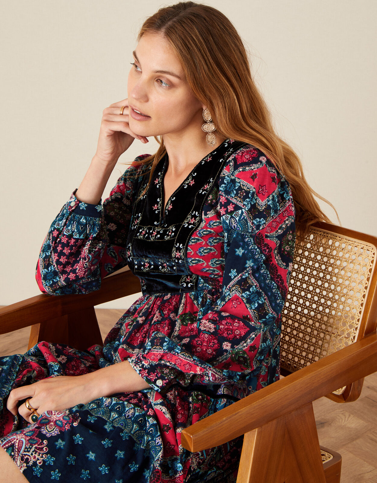 Patch Print Velvet Trim Dress Red