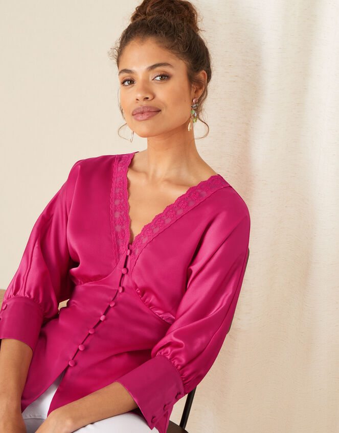 Chelsea Lace Trim Satin Top, Pink (PINK), large