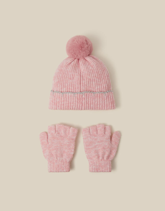 Scallop Beanie Hat & Fingerless Gloves Set, Pink (PINK), large