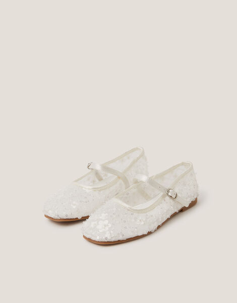 Flower Sparkle Mesh Ballet Flats, Ivory (IVORY), large